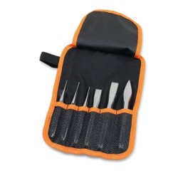 Juego de 2 botadores cónicos, 1 granete, 2 cortafríos planos y 1 buril en estuche portaherramientas enrollable en poliéster 38